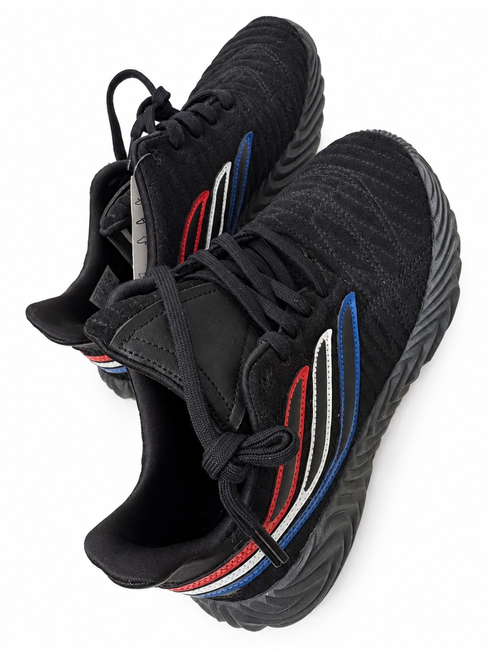 adidas Sobakov Core Men Black Sneakers with Red, White & Blue Stripes Size 7
